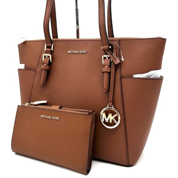 Michael Kors Large Charlotte Tote Bag & Large Double Zip Wallet Luggage Brown - Picture 1 of 14